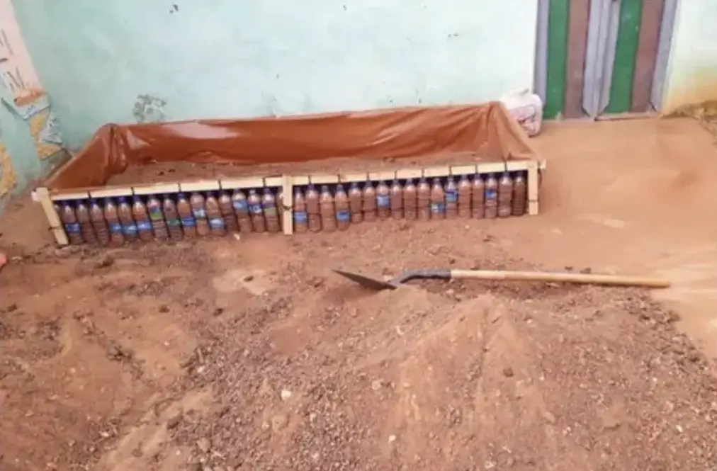 Ecobricks (made out of plastic water bottles) secured to a wooden frame in someone's backyard.