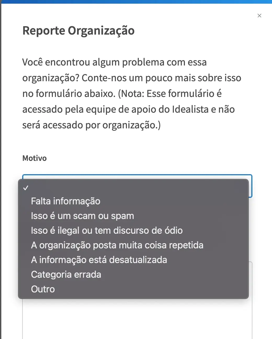 Captura de tela mostrando o menu suspenso para escolher a razão da denúncia