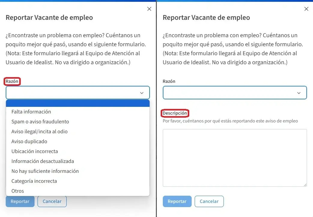 Capturas de pantalla sobre cómo detallar un reporte.