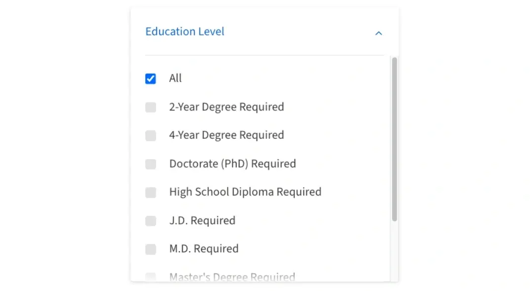 Screenshot of the Idealist website that shows how to filter a search by Education Level