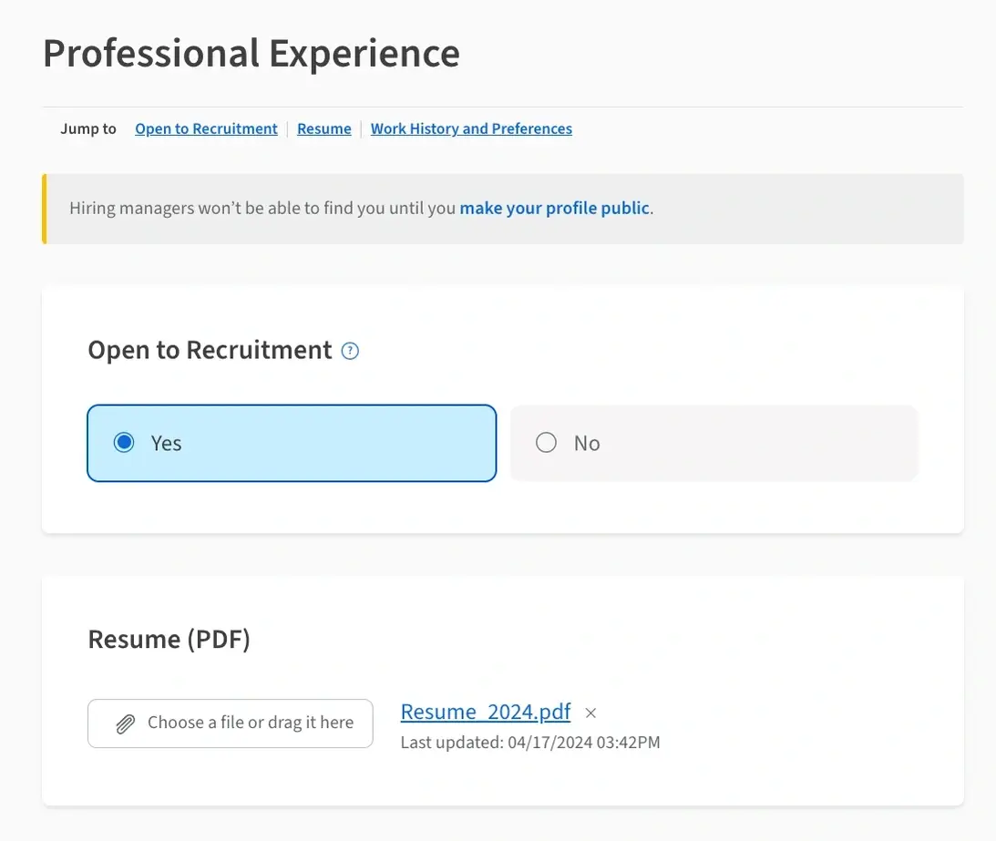 Screenshot of the Idealist website showing where to add a resume to your Professional Experience