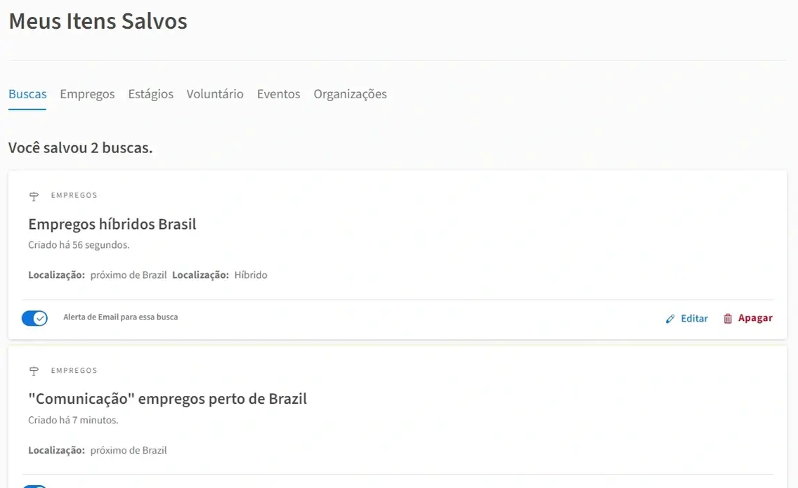 Uma captura de tela do site da Idealist que mostra "Meus Itens Salvos"