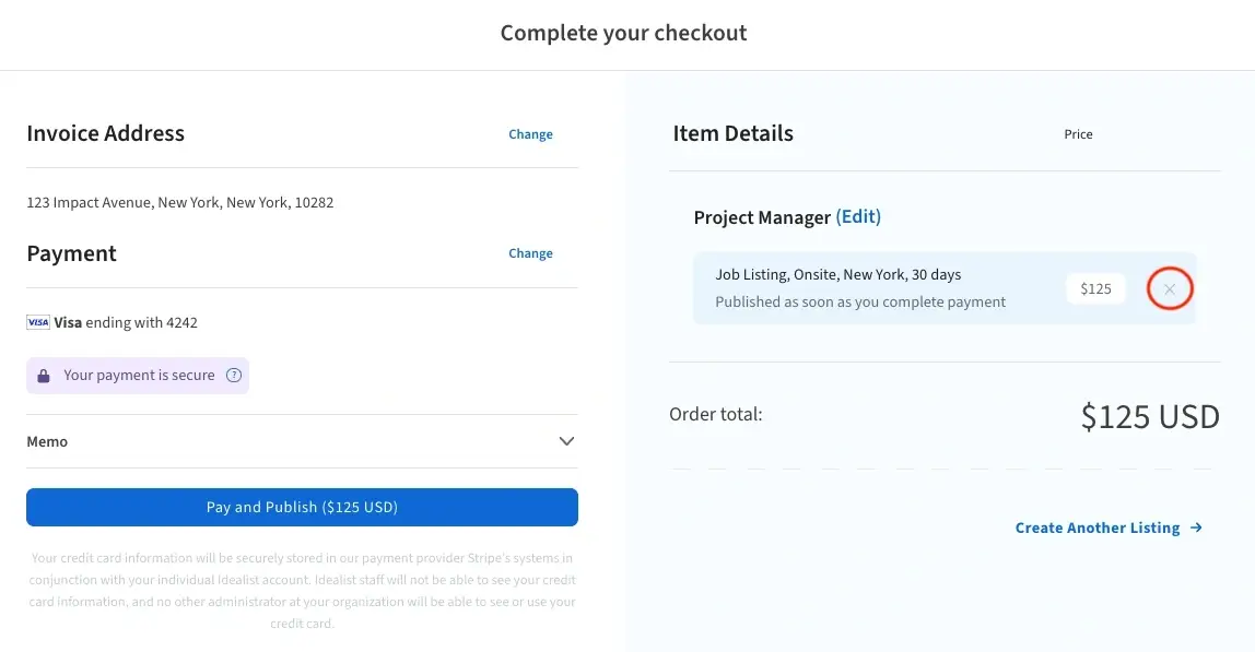 Screenshot of the Idealist website showing how to remove a listing from your cart.