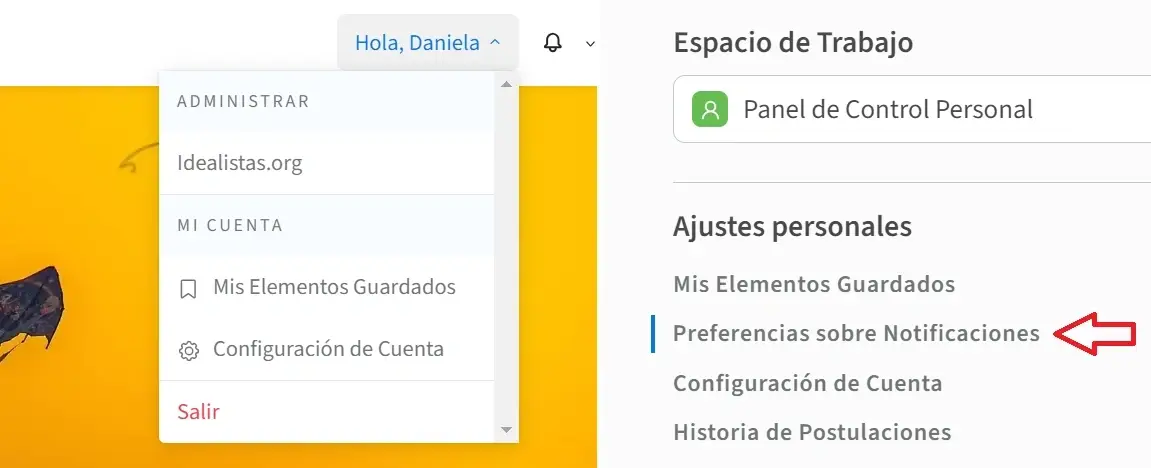 Captura de pantalla del sitio de Idealist mostrando como acceder a las Preferencias sobre Notificacionesreferences in your Personal Dashboard.