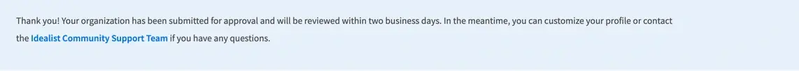 Screenshot of the Idealist website showing application pending approval message.