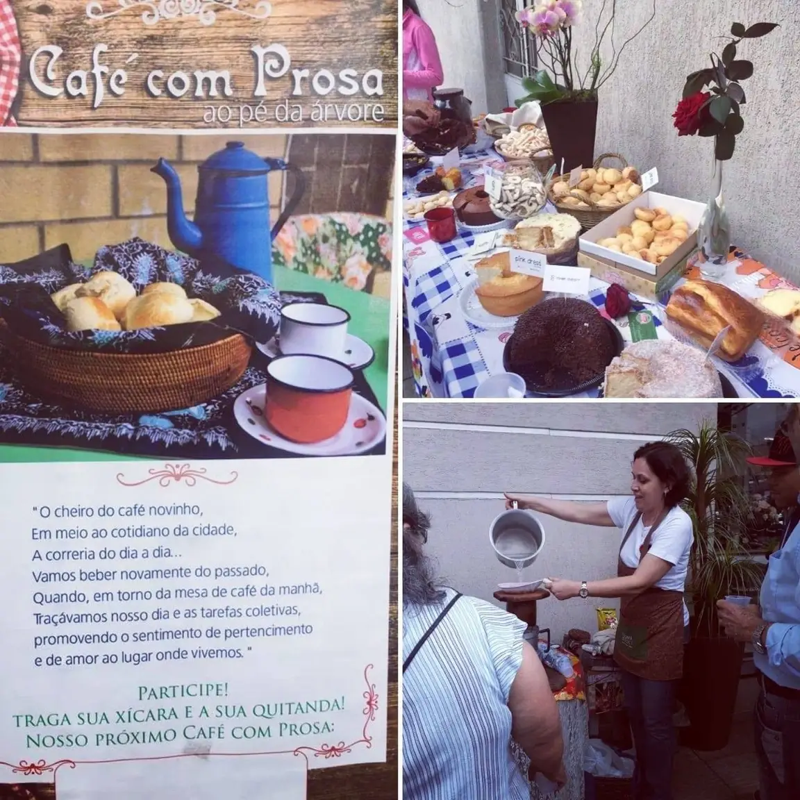 Imagem do cartaz do Café com Prosa, de uma mesa com lanches e uma mulher fazendo um café.