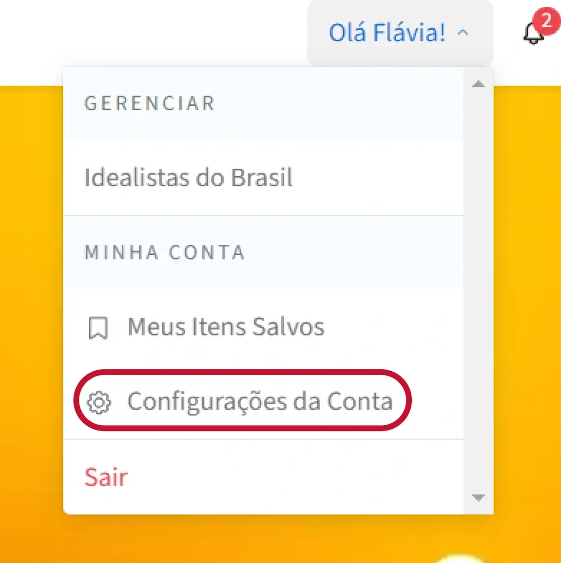 Captura de tela do site Idealist mostrando como acessar as configurações da conta.