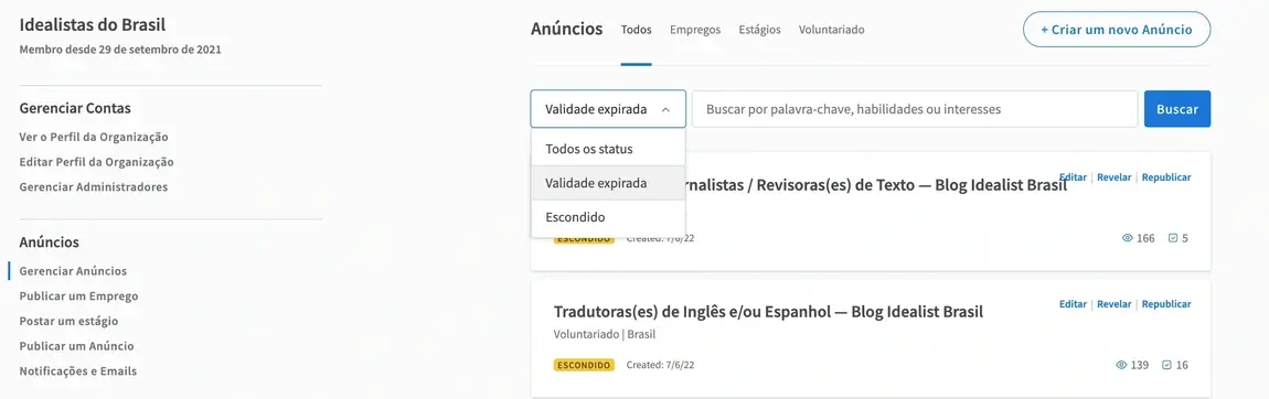 Captura de tela mostrando o menu suspenso da opção Todos os status