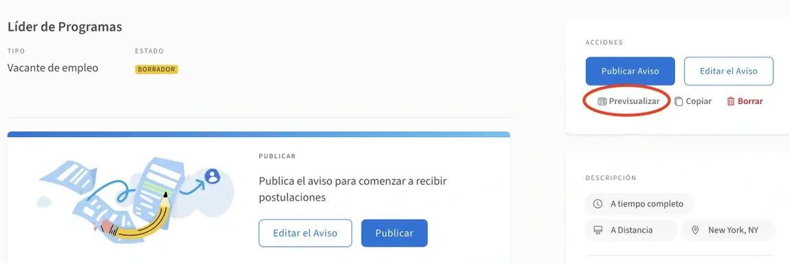 Captura de pantalla del sitio web de Idealist que muestra cómo obtener una vista previa de un anuncio.