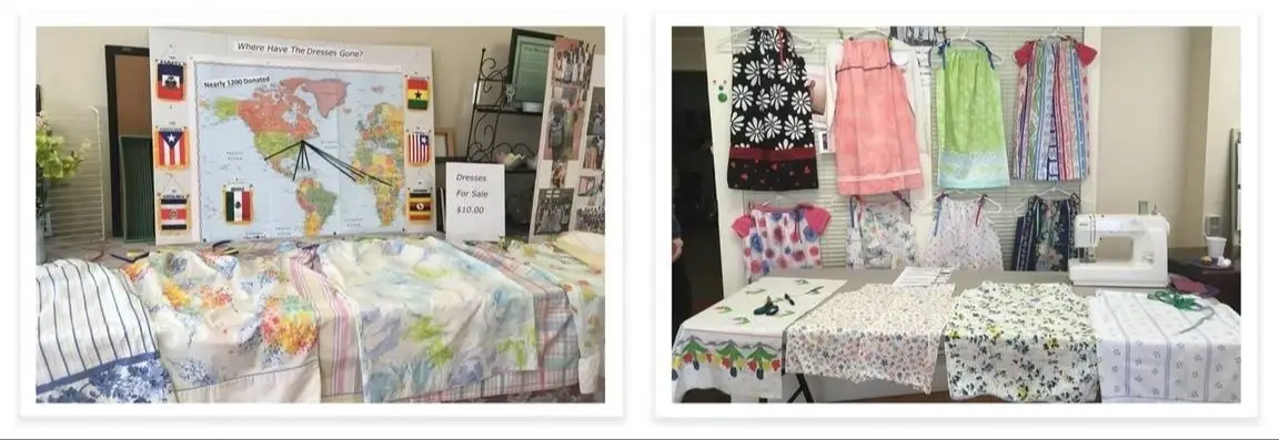 Two pictures of tables with clothing on them.