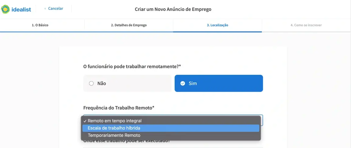 Screenshot of the Idealist website showing where to select Hybrid work schedule when creating a listing