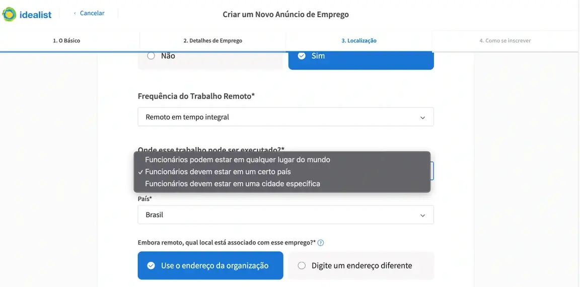 Screenshot of the Idealist website showing how to select location for a Remote listing.