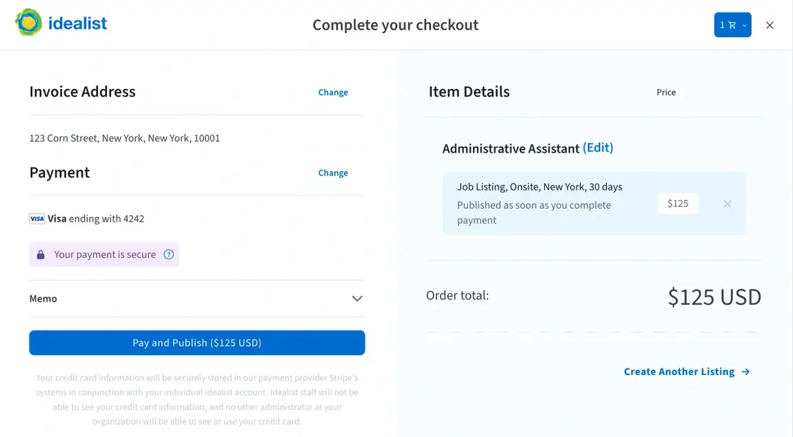 A screenshot of the Idealist website showing how the payment process works.