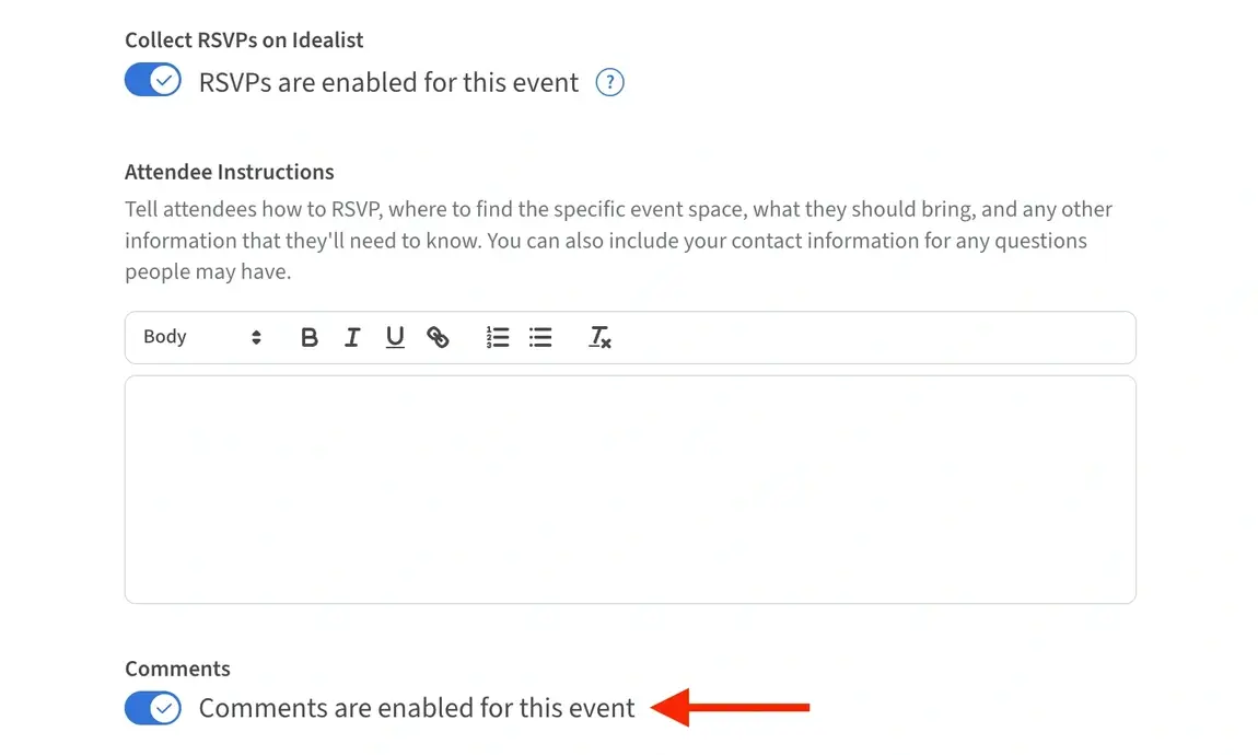 Screenshot of the Idealist website showing where to enable commenting on an event listing