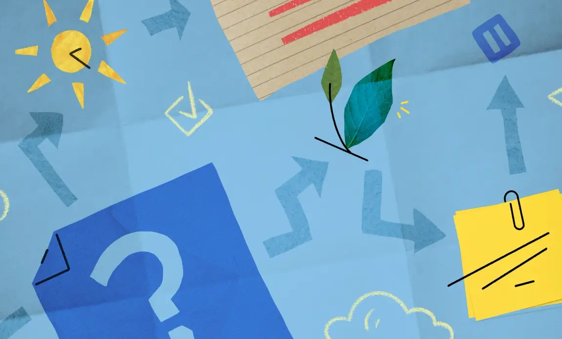 Illustration of sticky notes, question marks, check marks, and a sun-shaped clock | How to Improve Your Decision-Making Process
