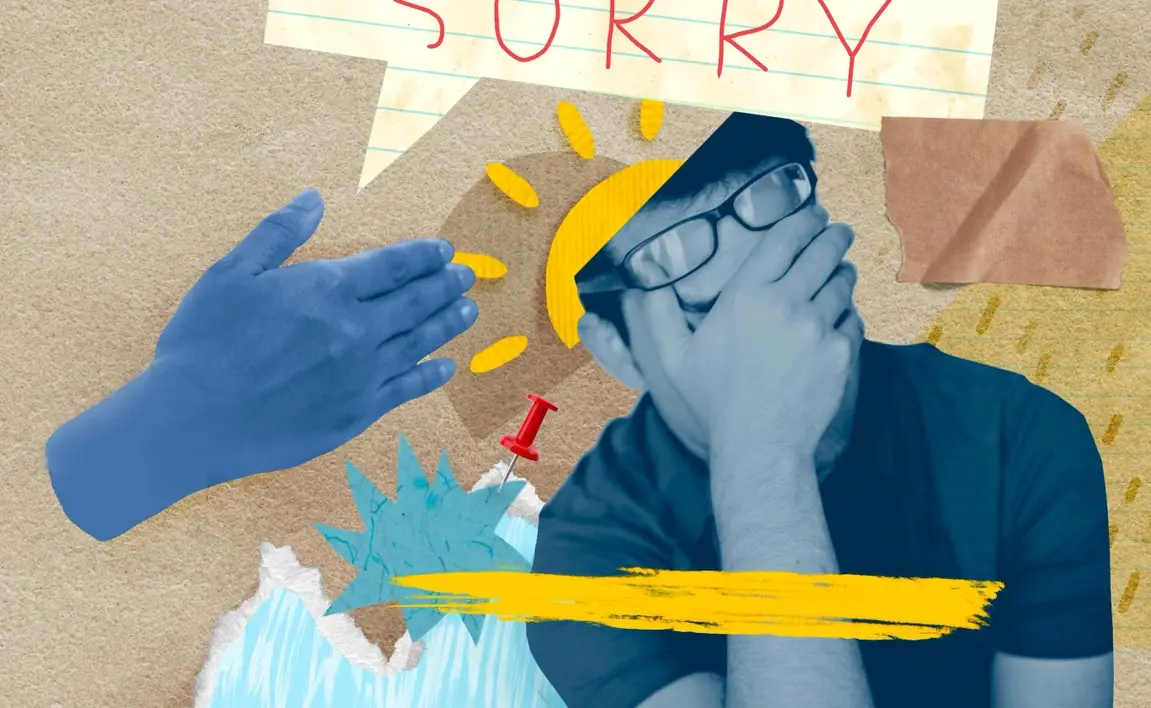 A man covers his face in embarrassment with glasses high on his forehead and around him images of a sun, hand shaking and a dialogue bubble saying "I'm sorry."