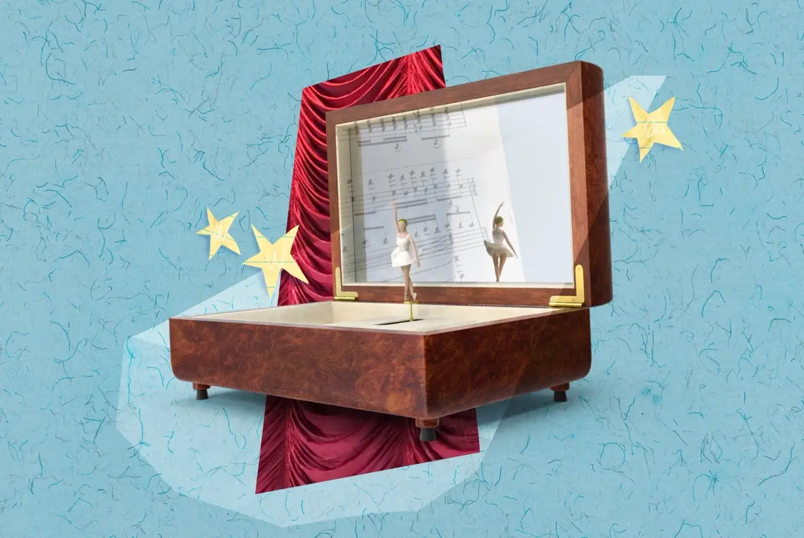 Illustration of a  music box with a ballerina dancing in the middle