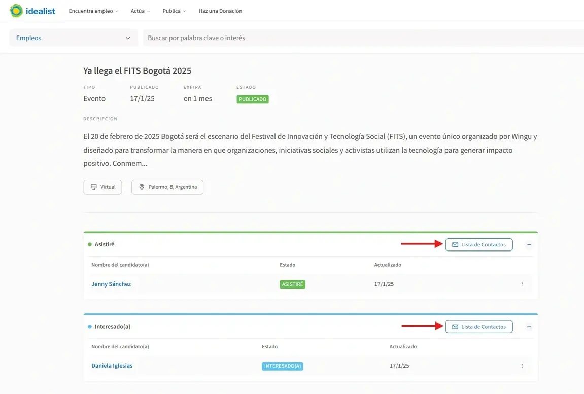 Captura de pantalla del sitio de Idealist mostrando cómo contactar asistentes a un evento