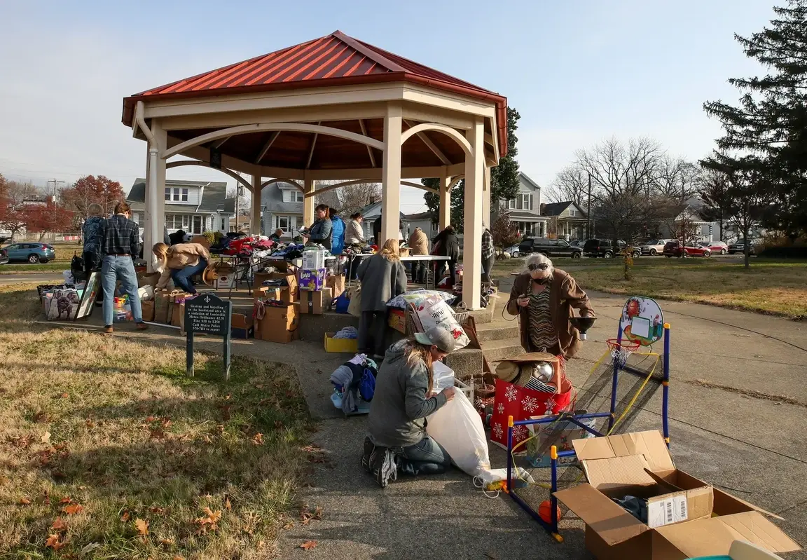 People explore a Buy Nothing options outside.