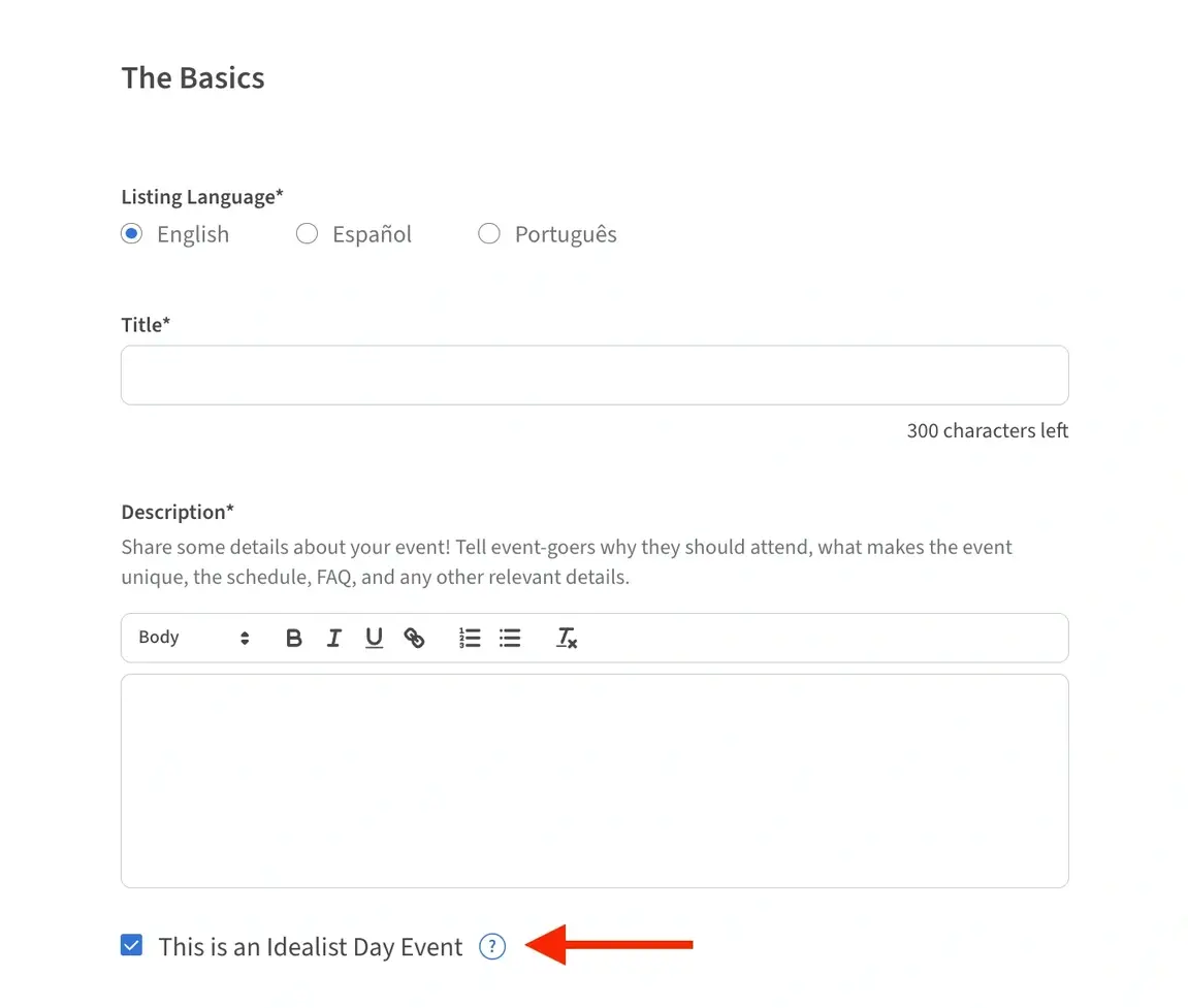 Screenshot of the Idealist website showing how to categorize an event as an Idealist day