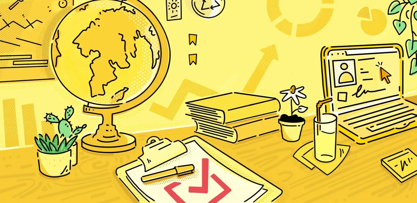 An illustration of work desk with a laptop and a globe.