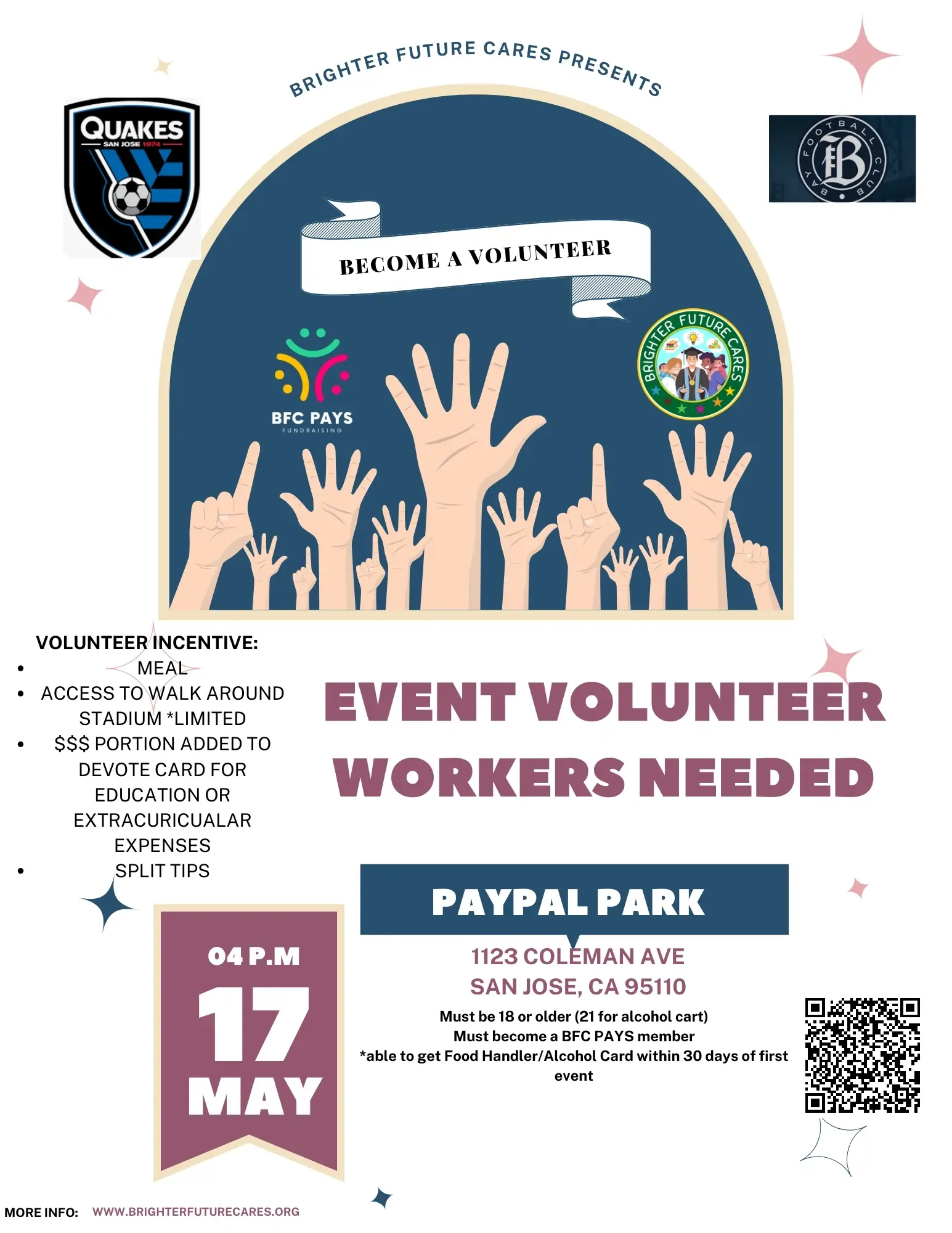 Volunteers needed for SJ Earthquakes and Bay FC Concessions