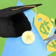 An illustration of public service loan forgiveness, with a graduation cap, a price tag, and a pair of scissors.