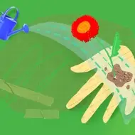 Abstract illustration of mentorship, with no copy, on a bright green background with doodles of a hand and flowers.