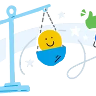An illustration of employee wellness and anti-burnout, with colorful doodles of a balance scale, a thumbs up, a compass, and a smiley face.