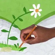 Abstract illustration of journaling with a Black hand reaching out to color a flower.