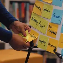 Hands in front of a board with sticky notes