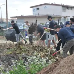 Corporate volunteer composting at a community garden in Los Angeles.