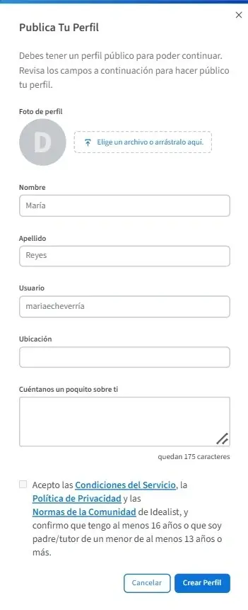Una captura de pantalla de cómo crear y publicar tu perfil.