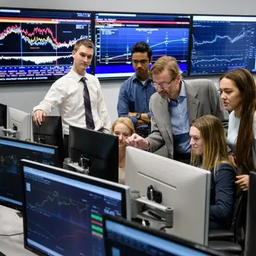 Students and professor in front of monitor