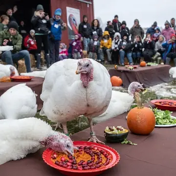 Turkeys enjoying their feast at the Celebration for the Turkeys event