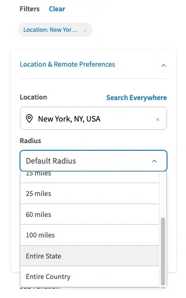 A screenshot of the Idealist website showing Radius search filter.