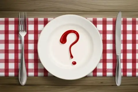 Un plato y unos cubiertos. Sobre el plato un signo de interrogación