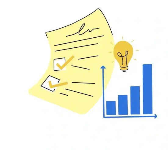 An illustration of checklist, a bar chart and a light bulb.