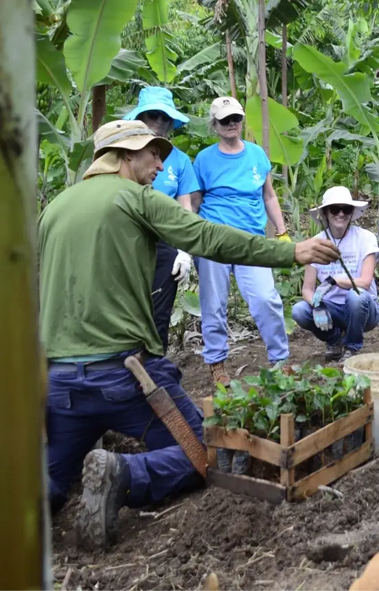 A imagem mostra um grupo de pessoas trabalhando juntas em uma horta ou fazenda, cercadas por vegetação verde e algumas bananeiras.