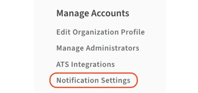 Screenshot of the Idealist website showing where to adjust Notification Settings through the organization Dashboard.