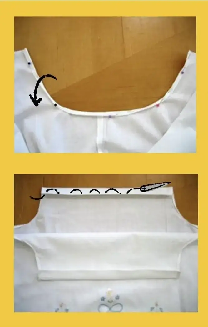 An image showing a pillowcase with a straight cut made across the closed end. 1/4" of the material is pinned back, and a neat line is sewn along both the front and back sides of the dress, leaving both ends of the hems open.