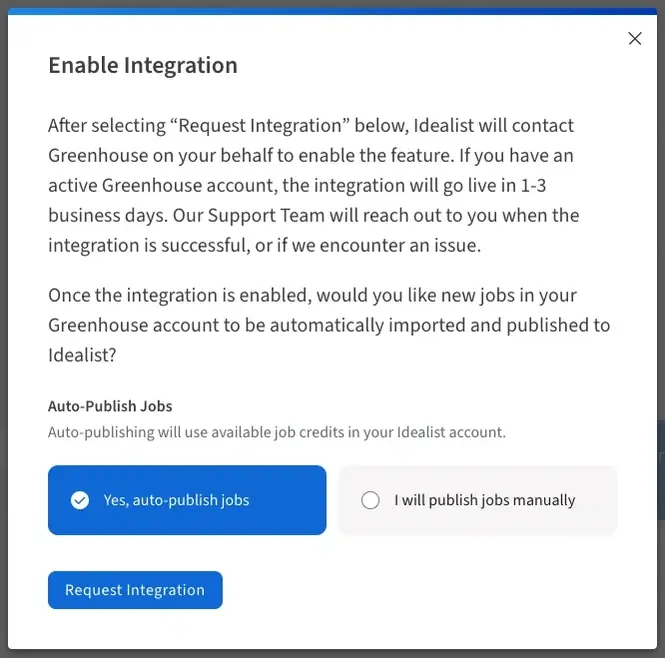 Screenshot of the Idealist website showing how to request a Greenhouse integration from the Dashboard.