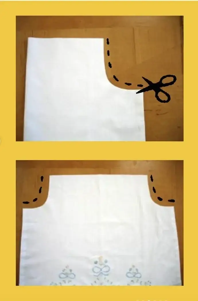 An image demonstrating the process of cutting armholes in a dress using a pillowcase. The armholes are J-shaped cuts, approximately 2 ¼" wide and 6" long, made on both sides of the pillowcase. Extra material is pinned back before sewing a rolled hem around each armhole.