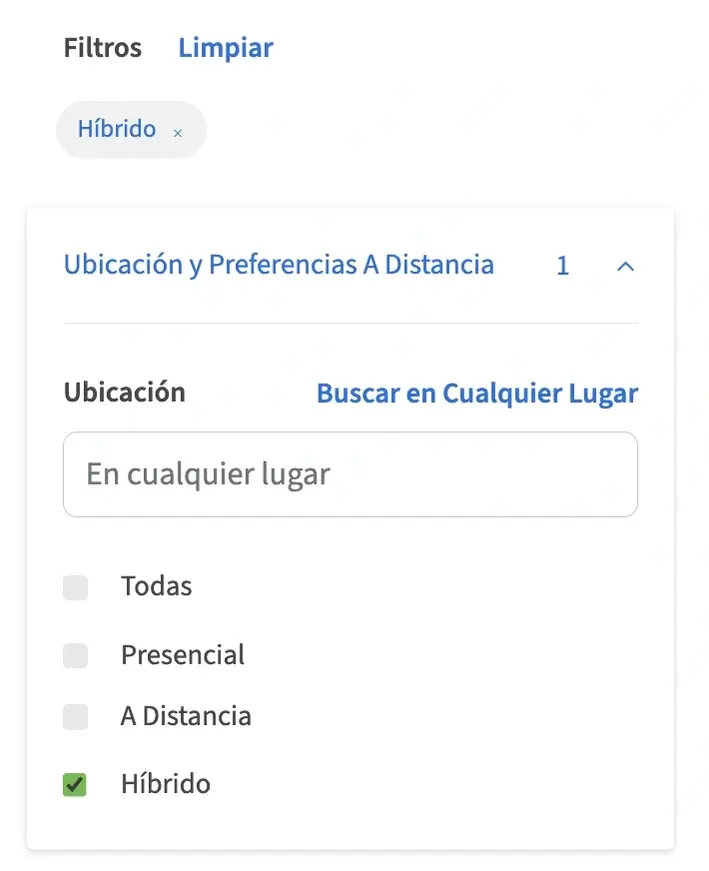 Captura de pantalla del sitio web de Idealist que muestra cómo los solicitantes de empleo pueden buscar oportunidades híbridas