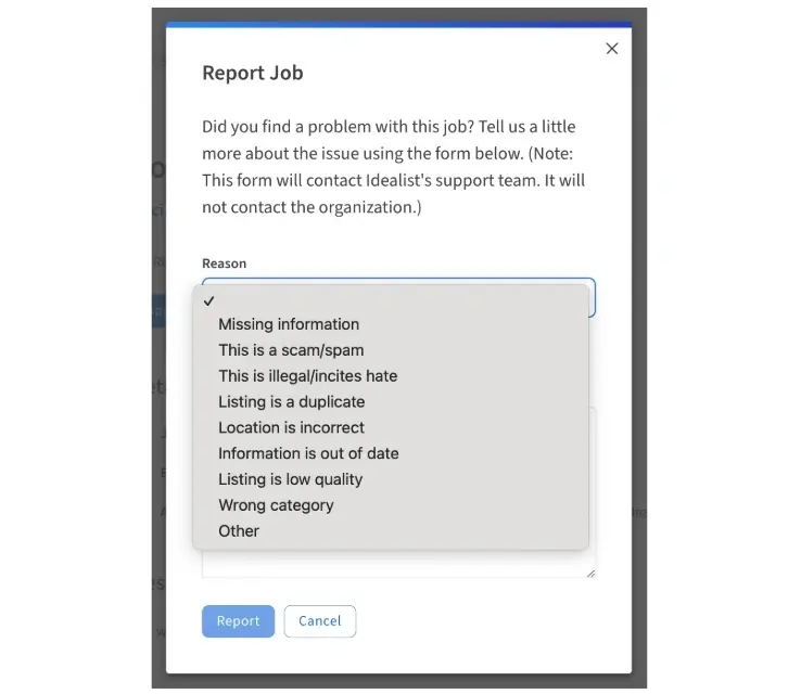 Screenshot of the Idealist website showing the dropdown menu to choose the Reason for reporting