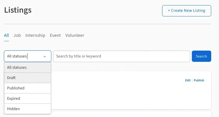 Screenshot of the Idealist website showing how to find a Draft in the Manage Listings section of your organization's Dasbhoard.