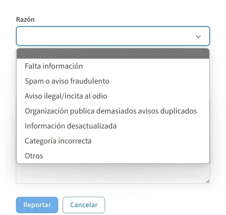 Captura de pantalla del menú de razones para denunciar a un aviso u organización