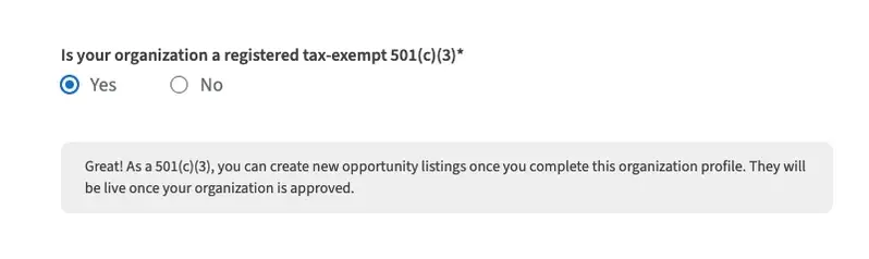 Image showing the selection for a 501(c)(3) registered nonprofit organization and the confirmation message appearing below.