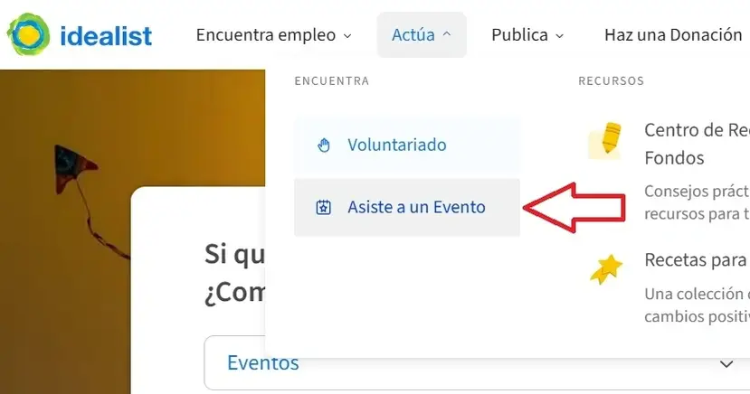 Captura de pantalla señalando Asiste a un evento