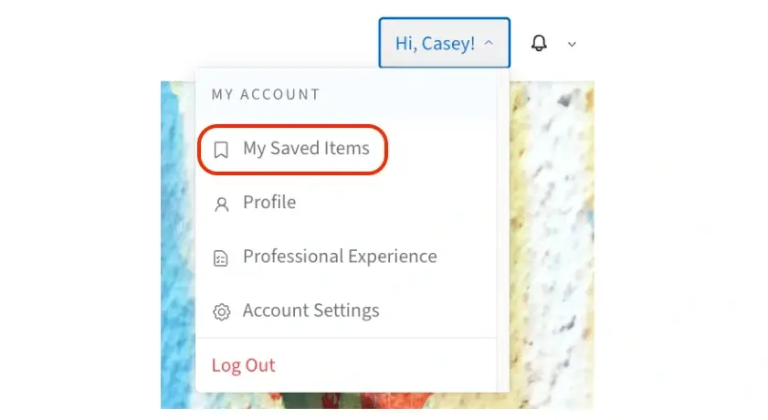 Screenshot of the Idealist website showing how to access My Saved Items from the Hi! dropdown menu.